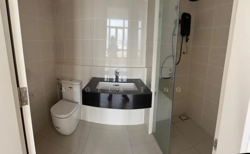 Bathroom features: white tiled walls, grey tiled flooring, single-sink vanity with black countertop, one-piece toilet, walk-in shower with glass enclosure, chrome shower head, wall-mounted shower control, mirror above vanity; style: modern.
