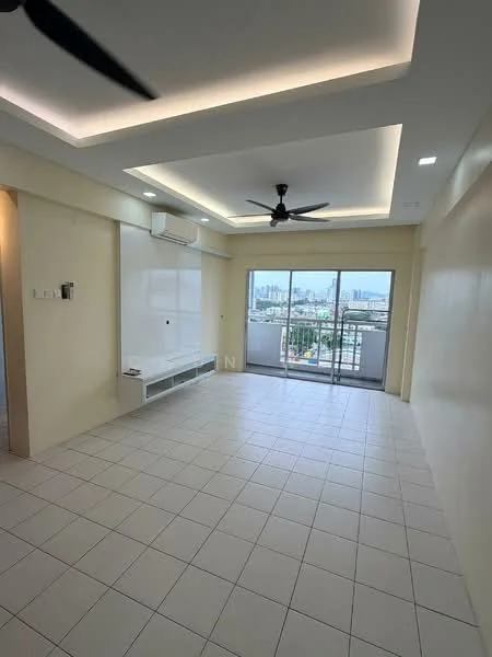 Living features: white painted walls, tile flooring, tray ceiling with recessed lighting, 5-blade ceiling fan with light, floor-to-ceiling sliding glass door, balcony access, wall-mounted TV console, air conditioning unit; style: modern; view: city.