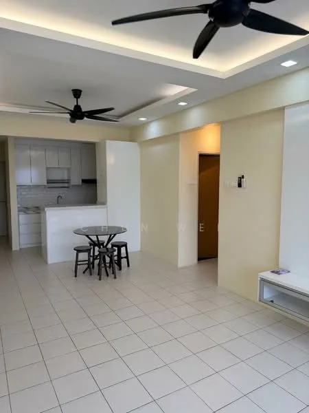 Living features: white painted walls, tile flooring, recessed ceiling with LED lighting, 2 ceiling fans, round dining table with 4 chairs, open kitchen layout, kitchen island, wall-mounted TV console, neutral color scheme; style: modern. Kitchen features: white cabinetry, stainless-steel sink, built-in oven, ceramic cooktop, grey backsplash, open shelving, refrigerator, countertop space; style: modern.
