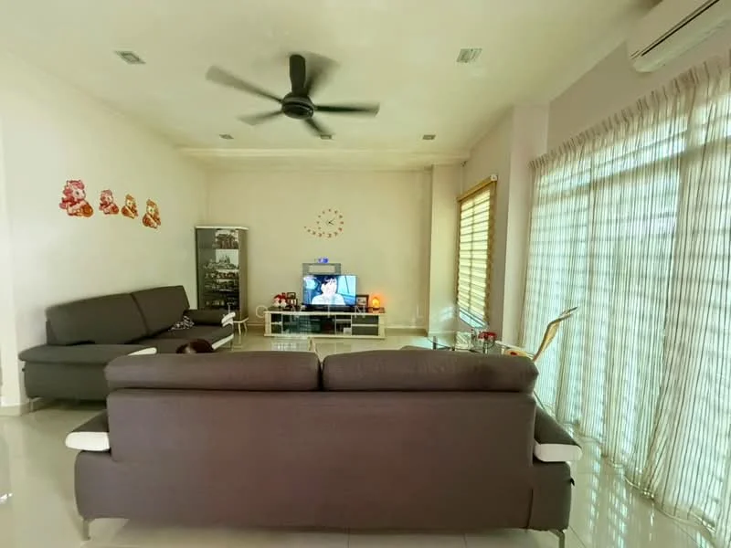 Living features: 2-seater fabric sofa in grey, 3-seater fabric sofa in grey, coffee table, wall-mounted TV, TV console, ceiling fan, recessed downlights, curtains, decorative wall art, tile flooring, large windows; style: modern.