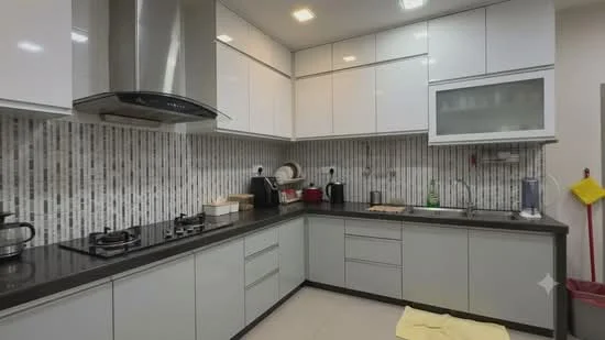 Kitchen features: white high-gloss cabinetry, black granite countertop, stainless-steel range hood, 4-burner gas hob, built-in microwave, kitchen sink, tile backsplash with vertical stripes, recessed LED downlights, floor tiles, kettle, coffee machine, dishwasher, cleaning supplies, yellow floor mat; style: modern.