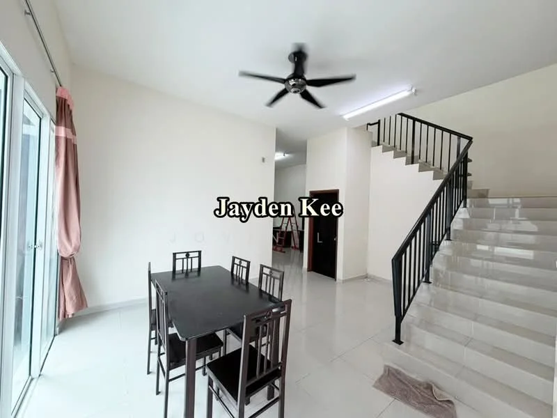 Dining features: dining table for six, black metal dining chairs, floor-to-ceiling windows, sliding glass door, white painted walls, polished ceramic tile flooring, ceiling fan with light, natural light from windows, curtains in light fabric; style: modern. Staircase features: metal railing, white walls, polished ceramic tile flooring; style: modern.