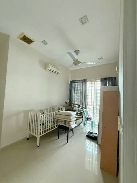 Bedroom features: white painted walls, polished ceramic tile flooring, 5-blade ceiling fan with light, 1 wall-mounted split AC, floor-to-ceiling windows, sheer curtains, blackout curtains, crib, bench seating, stacked mattresses, door leading outside; style: modern.