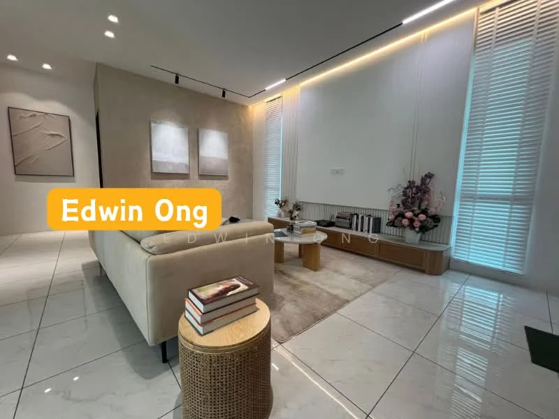 Living features: cream painted walls, white ceiling with recessed lighting, large floor-to-ceiling windows with blinds, polished porcelain tile flooring, L-shape sectional sofa in beige, coffee table with books, decorative plant arrangement, wooden console table, framed artwork on walls, area rug with neutral tones; style: modern.