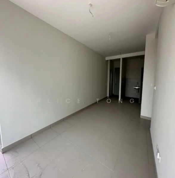 Room features: grey painted walls, tile flooring, no visible ceiling features, no visible windows or doors, empty space, no visible furniture or decor; style: minimalist.