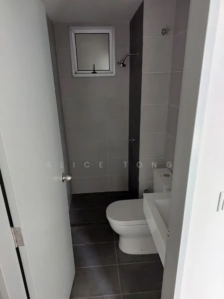Bathroom features: white tiled walls, grey tiled flooring, single-sink vanity with white cabinet, chrome basin mixer faucet, one-piece toilet, walk-in shower with glass enclosure, rain shower head, small window for natural light, mirror above vanity, shower wall with dark accent tile; style: modern.