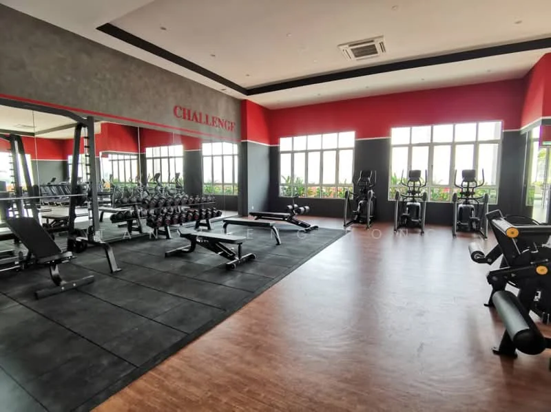 Room features: rubber flooring, red accent walls, grey painted walls, large windows, weight benches, free weights, elliptical machines, exercise bikes, mirrored wall, air conditioning unit, ceiling lights, open layout; style: modern; view: garden.