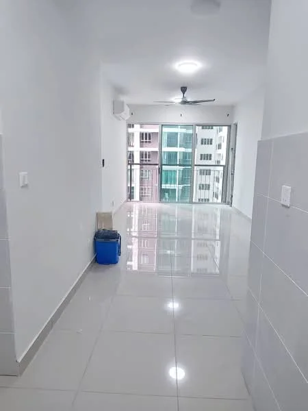 Room features: white painted walls, glossy ceramic tile flooring, ceiling with recessed downlights, 5-blade ceiling fan, floor-to-ceiling windows, sliding glass door, air conditioning unit, open layout; style: modern; view: city.