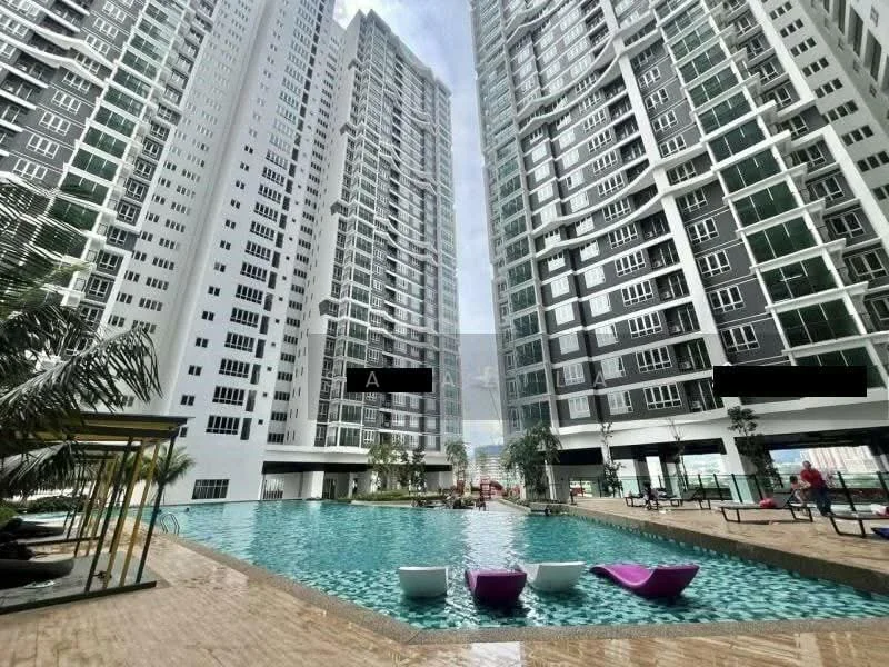 Exterior type: high-rise condominium; features: infinity pool, pool deck with loungers, surrounded by high-rise buildings, landscaped garden area, palm trees, modern architecture, glass curtain wall, balconies on upper floors; style: modern.