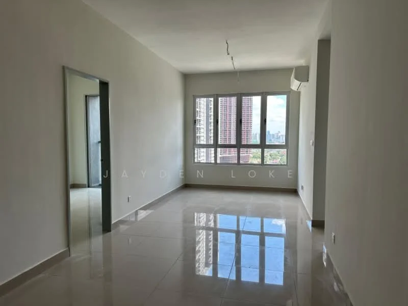Living features: white painted walls, glossy ceramic tile flooring, floor-to-ceiling windows, city view, 1 wall-mounted split AC, recessed downlights, neutral color scheme, open layout; style: modern; view: city. Room features: white painted walls, glossy ceramic tile flooring, doorway leading to another room.