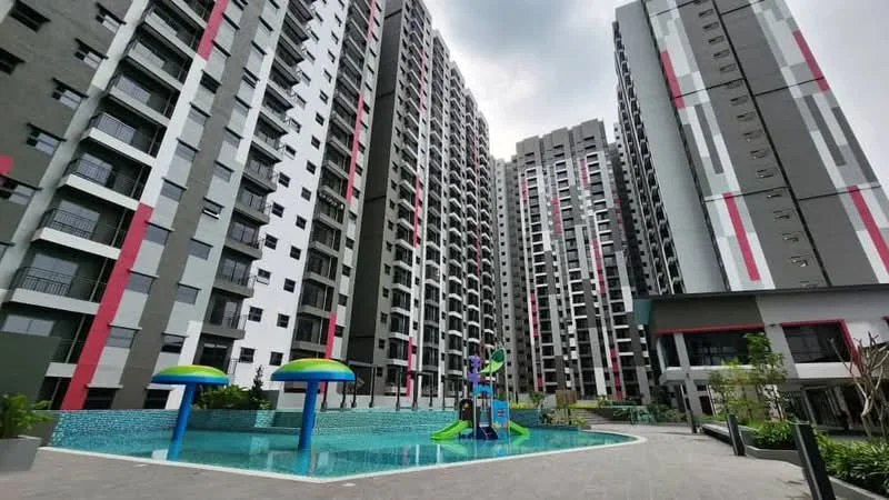 Exterior type: high-rise condominium; features: swimming pool with water slides, landscape garden, manicured lawn, children's playground, modern architectural design, multiple high-rise towers, outdoor seating area, paved walkway, decorative plants, pool deck with loungers; style: modern.