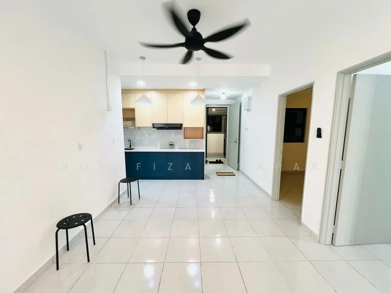 Living features: white painted walls, glossy tile flooring, 5-blade ceiling fan with light, pendant lights, open kitchen layout, kitchen island, stainless-steel sink, kitchen cabinetry in wood finish, countertop in light color, doorway leading to other rooms; style: modern. Kitchen features: stainless-steel sink, kitchen cabinetry in wood finish, countertop in light color, built-in oven, cooktop, exhaust hood; style: modern. Room features: white painted walls, glossy tile flooring, doorway leading to hallway.