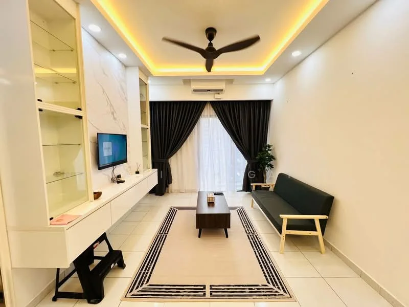 Living features: white painted walls, tray ceiling with recessed lighting, 5-blade ceiling fan with light, floor-to-ceiling windows with sheer curtains, dark grey sofa, wooden coffee table, area rug with geometric pattern, TV mounted on wall, built-in shelving unit, air conditioning unit; style: modern.