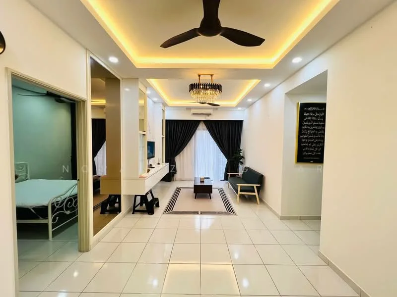 Living features: white painted walls, glossy white tile flooring, tray ceiling with recessed lighting, 5-blade ceiling fan with light, chandelier, floor-to-ceiling windows with sheer curtains, blackout curtains, sofa in dark green, wooden coffee table, area rug with geometric pattern, TV console, wall-mounted TV, decorative wall art, decorative mirror; style: modern. Room features: white painted walls, bed visible through open doorway, glossy white tile flooring.