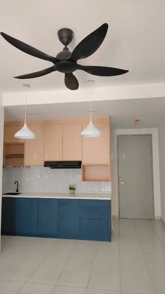 Kitchen features: blue lower cabinetry, light wood upper cabinetry, white countertop, black single-bowl sink, chrome pull-down faucet, white pendant lights, 5-blade ceiling fan in black, white tiled backsplash, grey floor tiles, built-in oven, stove with hood, small potted plant on countertop; style: modern.