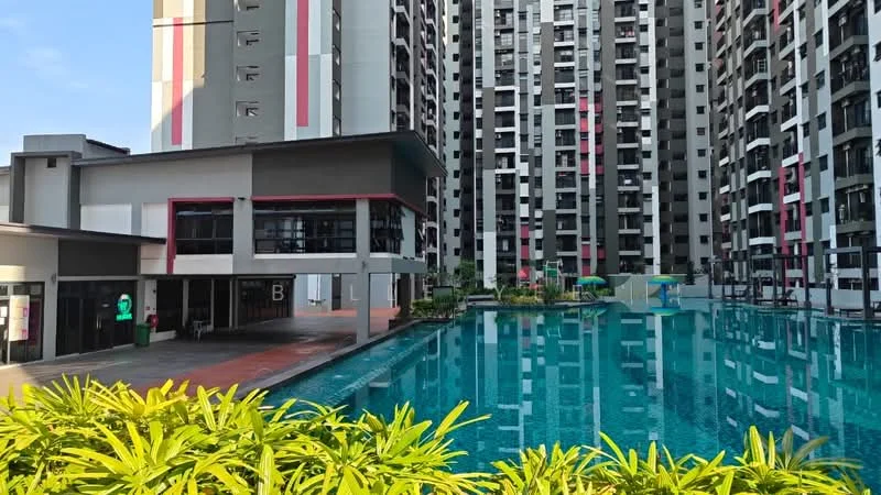 Exterior type: high-rise condominium; features: swimming pool, pool deck with loungers, landscaped garden with tropical plants, multiple high-rise buildings, glass facade, outdoor seating area, children's playground, water features, manicured lawn; style: modern.