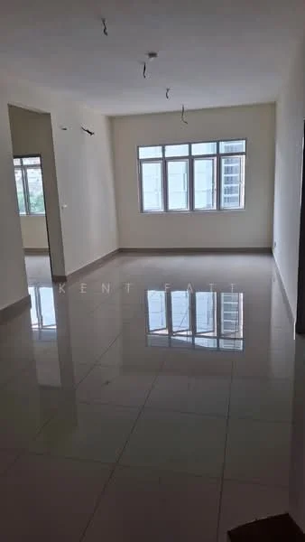 Room features: white painted walls, glossy ceramic tile flooring, multiple windows, natural light, ceiling with exposed wiring, neutral color scheme, spacious layout, no visible furniture; style: modern; view: city.