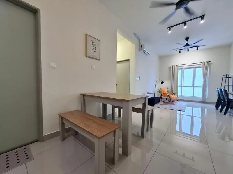 Dining features: wooden dining table, two wooden benches, white walls, glossy tile flooring, ceiling fan, recessed downlights, large window with sheer curtains, decorative wall art; style: modern. Living features: sofa chair in orange, area rug, floor lamp, wall-mounted air conditioning unit, ceiling lights; style: modern.