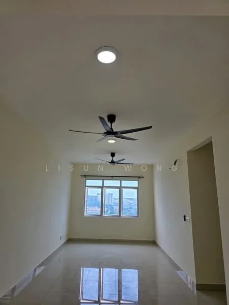 Living features: white painted walls, polished tile flooring, 5-blade ceiling fan, floor-to-ceiling windows, city view, recessed downlights, light switch, doorway, window treatments; style: modern; view: city.