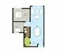 Floor plan: 1-bedroom 1-bathroom unit; features: open-plan kitchen-dining-living, master bedroom with ensuite bathroom, balcony off living room, utility room, central foyer.