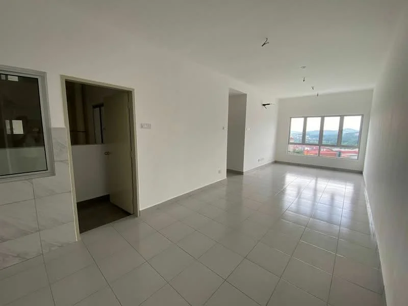 Room features: white painted walls, grey tiled flooring, large windows with mountain view, door leading to another room, recessed ceiling lights, no visible furniture, open layout, neutral color scheme; style: modern; view: mountain.