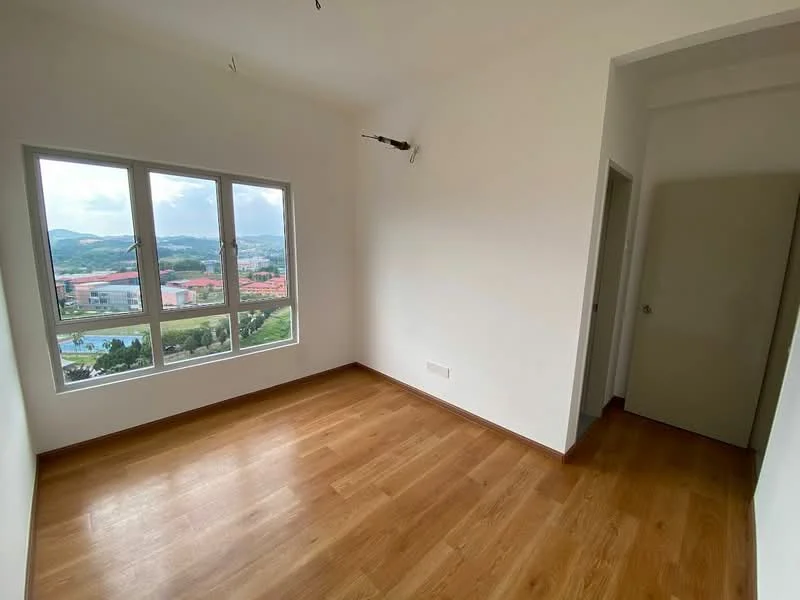 Room features: white painted walls, wooden flooring, floor-to-ceiling windows, mountain view, single door, natural light, no visible furniture, neutral color scheme; style: modern; view: mountain.