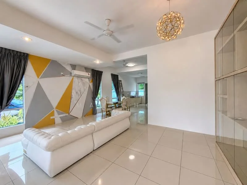Living features: white leather sofa, geometric accent wall with grey and yellow, white painted walls, glossy tile flooring, 5-blade ceiling fan, recessed downlights, chandelier, floor-to-ceiling windows, blackout curtains, air conditioning unit; style: modern; view: garden.