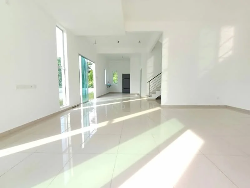 Living features: white painted walls, polished ceramic tile flooring, large floor-to-ceiling windows, sliding glass door, recessed downlights, open layout, high ceiling, natural light, minimalist decor, staircase with metal railing; style: modern; view: garden.