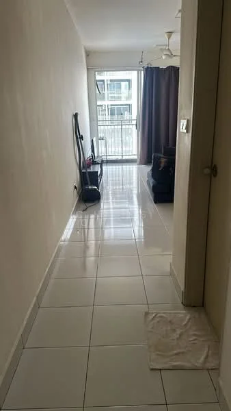 Room features: white painted walls, glossy white tile flooring, ceiling fan, floor-to-ceiling windows, sliding glass door, dark curtains, sofa, TV console, vacuum cleaner, area rug; style: modern; view: city.