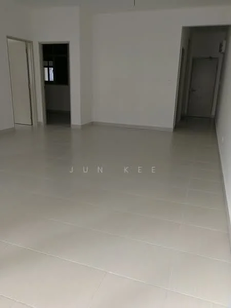 Room features: white painted walls, light grey floor tiles, no visible furniture, large windows, doorway leading to another room, doorway leading to hallway, neutral color scheme, spacious layout; style: modern.