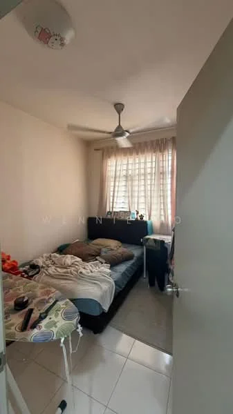 Bedroom features: queen-size bed, upholstered headboard, 2 bedside tables, ceiling fan, window with sheer curtains, light-colored walls, tile flooring, decorative wall art, folding table, clothes rack; style: modern.