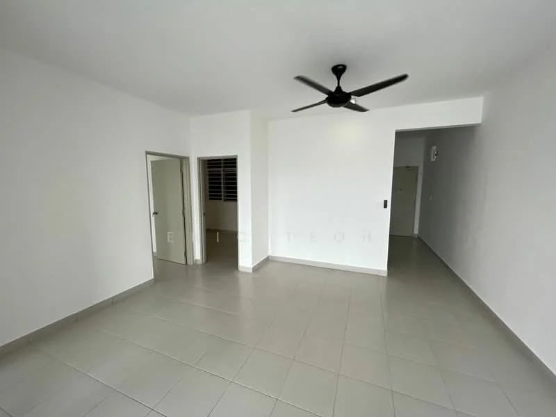 Living features: white painted walls, grey floor tiles, 5-blade ceiling fan, doorway to adjacent room, window with grille, neutral decor, open layout, no visible furniture; style: modern.