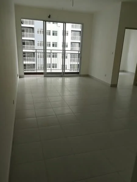 Living features: white painted walls, tile flooring, floor-to-ceiling windows, sliding glass door, balcony access, ceiling fan, neutral color scheme, open layout; style: modern; view: city.
