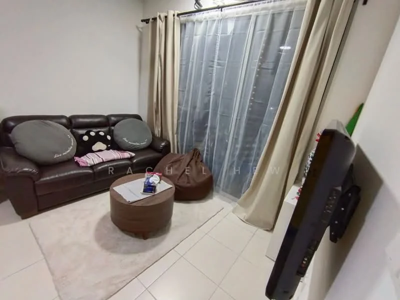 Living features: brown leather sofa, two large decorative cushions, bean bag chair, round coffee table, area rug, floor-to-ceiling sheer curtains, white painted walls, tile flooring, wall-mounted TV; style: modern.