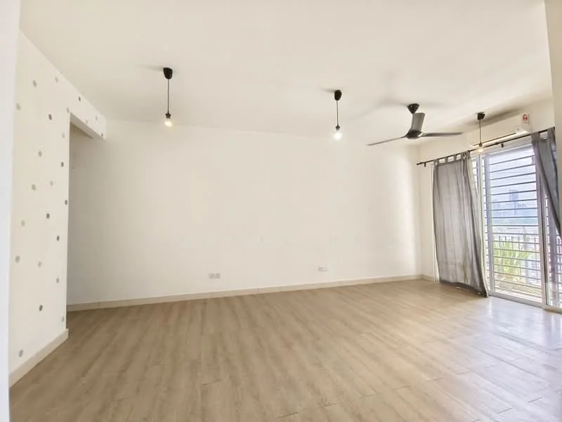 Living features: light wood laminate flooring, white painted walls, ceiling fan, 3 pendant lights, floor-to-ceiling windows, sheer curtains, balcony door, neutral color scheme; style: modern; view: city.