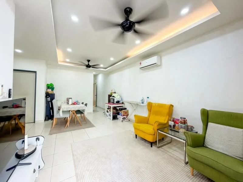 Living features: white painted walls, recessed ceiling with LED lighting, 2 ceiling fans, tile flooring, area rug, 2 armchairs in yellow and green, coffee table, TV console, wall-mounted TV, open shelving unit, decorative items on shelves; style: modern.