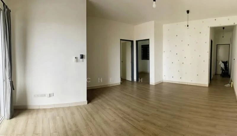 Room features: light wood laminate flooring, white painted walls with decorative dots, ceiling light fixtures, large window with sheer curtains, doorway leading to another room, doorway leading to hallway, neutral color scheme, open layout; style: modern.