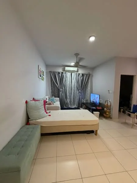 Living features: light-colored painted walls, white ceiling, 5-blade ceiling fan, recessed lighting, large window with sheer curtains, TV on stand, sofa with cushions, bed frame without mattress, tile flooring, decorative wall art, small side table; style: modern.