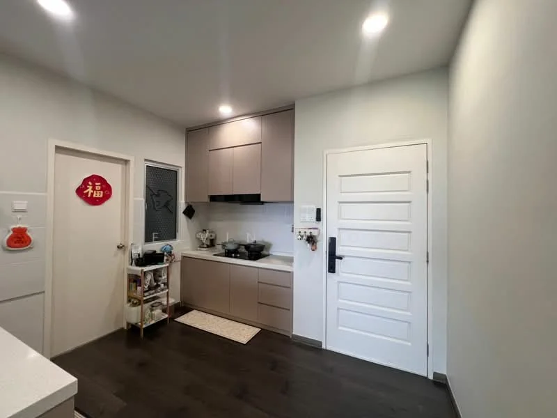 Kitchen features: light grey cabinetry, white countertop, black stove, white backsplash, single-bowl stainless-steel sink, chrome pull-down faucet, kitchen island, wooden flooring, recessed downlights, white walls, door with white paneling, decorative wall art, open shelving, kitchen towel holder; style: modern.