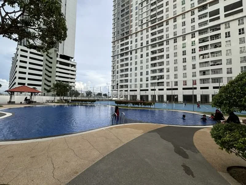 Exterior type: high-rise condominium; features: infinity pool, pool deck with loungers, landscaped garden area, children's playground, surrounding high-rise buildings, paved walkway, covered pavilion, manicured lawn; style: modern.