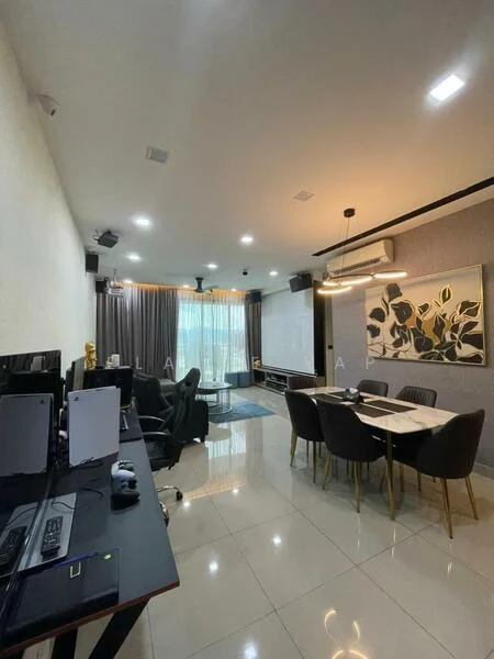 Living features: white painted walls, glossy tile flooring, recessed downlights, floor-to-ceiling windows, sheer curtains, blackout curtains, wall-mounted TV, entertainment unit, dining table with upholstered chairs, decorative wall art, study desk with computer monitors, black leather sofa, area rug; style: modern; view: city.