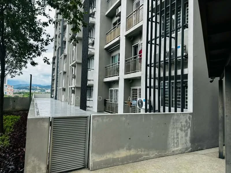 Exterior type: mid-rise condominium; features: grey concrete facade, recessed balconies, metal grilles on windows, visible air conditioning units, manicured landscaping, paved walkway, surrounded by greenery; style: modern.
