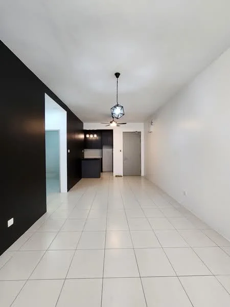 Living features: white painted walls, black accent wall, tile flooring, ceiling light fixture, open layout, kitchen area visible, door to hallway, neutral color palette; style: modern.