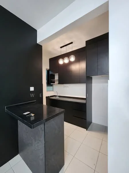 Kitchen features: black cabinetry, white countertop, single-bowl stainless-steel sink, chrome pull-down faucet, 3 pendant lights, tile flooring, black accent wall, built-in oven, microwave, open shelving; style: modern.