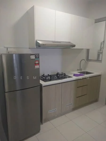 Kitchen features: stainless-steel fridge, built-in oven, 4-burner gas hob, stainless-steel range hood, single-bowl stainless-steel sink, chrome pull-down faucet, white laminate cabinetry, light wood lower cabinets, white countertop, ceramic tile flooring, window with view to outside; style: modern.