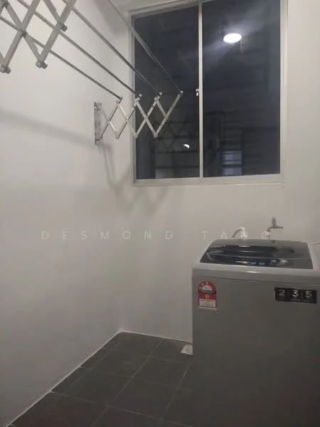 Laundry features: white painted walls, grey tile flooring, window with natural light, folding drying rack, washing machine, sink with faucet, light fixture on ceiling.