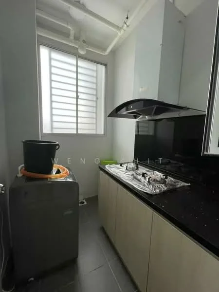 Kitchen features: black granite countertop, stainless-steel gas hob, black range hood, light wood cabinetry, grey tiled flooring, window with horizontal slats, washing machine, bucket; style: modern.