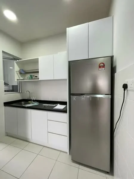Kitchen features: white cabinetry, black countertop, stainless-steel fridge, single-bowl stainless-steel sink, chrome pull-down faucet, ceramic tile flooring, white tiled backsplash, open shelving, wall-mounted electrical outlet, window with natural light; style: modern.