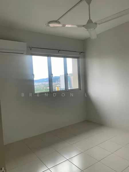 Room features: white painted walls, tile flooring, floor-to-ceiling window, 1 wall-mounted split AC, ceiling fan.