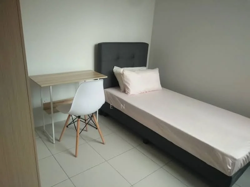 Bedroom features: single bed with grey upholstered headboard, white bedding, wooden desk with light wood finish, white chair with wooden legs, plain white walls, tile flooring, natural light from window, minimalist decor; style: modern.